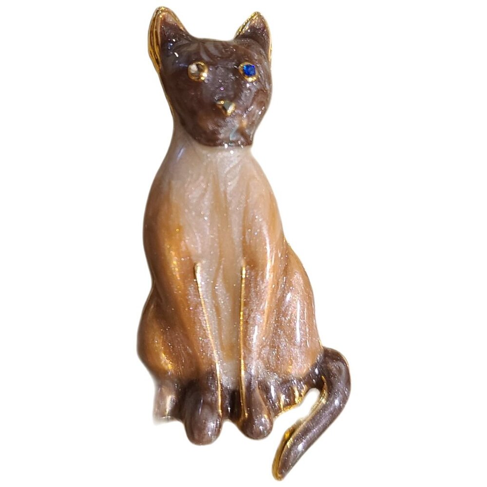 Cat Brooch Enamel Swirl Vintage Blue Clear Rhinestone Eye Gold Tone Siamese Cat